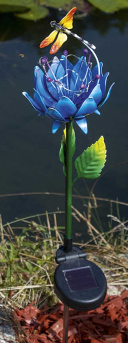 Gartenstecker; Blumen-Design mit Libelle; Blau; Solarpanel