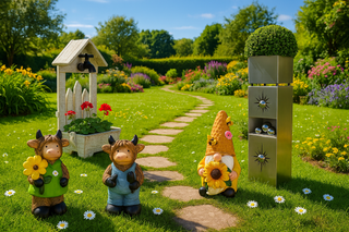 Weitläufiger, sommerlicher Garten mit blühenden Beeten, grünem Rasen und geschwungenem Natursteinweg. Im Vordergrund stehen dekorative Gartenfiguren, ein Holzpflanzgefäß mit roten Blumen und eine moderne Edelstahlsäule.