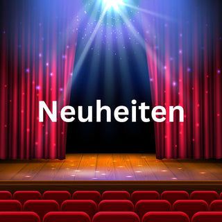 Dunkler Hintergrund mit zwei angedeuteten Lichtstrahlen und einem hell erleuchteten Spot am unteren Rand; darüber steht in roten Buchstaben das Wort ‚Neuheiten