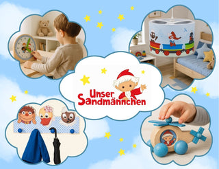 Collage mit „Unser Sandmännchen“: Lernuhr, Kinderzimmerlampe, Garderobenleiste und Holzspielzeug im kinderfreundlichen Design.