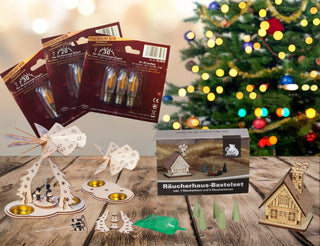 Eine Holzbox enthält zwei verpackte Bastelsets, eine Glühbirne mit Kabel und vier kleine goldene Schalen. Die Bastelsets zeigen Holzfiguren und sind mit "Basteln macht Spaß!" beschriftet.