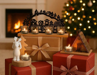 Drei rot verpackte Geschenke mit Schleifen stehen vor einem Kaminfeuer. Auf den Geschenken brennen Teelichter, daneben eine weiße Rentierfigur. Im Hintergrund ist ein geschmückter Weihnachtsbaum zu sehen.