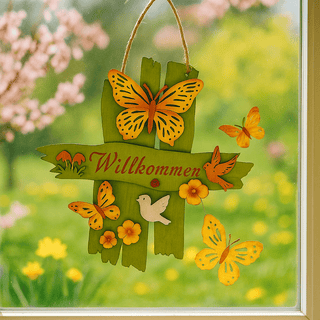 Fensterbild mit frühlingshaftem Motiv: Bunte Schmetterlinge, blühende Blumen und fröhliche Vögel sind zu sehen. In der Mitte steht dekorativ das Wort ‚Willkommen‘.“