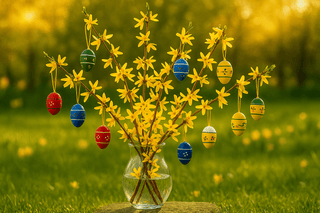 Glasvase mit gelben Frühlingsblumen und bunten Ostereiern, die an den Zweigen hängen. Im Hintergrund unscharfe grüne Natur – fröhliche Osterdekoration im Frühling.