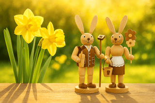 Hasenpaar als Gärtner und Gärtnerin steht vor einem Strauß gelber Narzissen im sonnigen Garten. Frühlingshafte Osterstimmung mit Blumen und Holzfiguren.