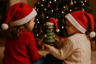 Zwei Kinder mit roten Weihnachtsmützen sitzen vor einem festlich geschmückten Weihnachtsbaum und halten eine grüne Räucherfigur in Baumform mit roter Mütze. Im Hintergrund leuchten Lichter und liegen Geschenke.