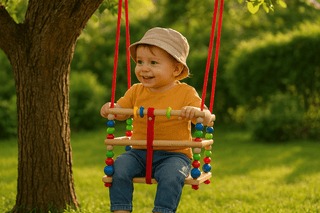 Eine Holzschaukel mit roten Seilen und bunten Perlen. Die Schaukel hat drei horizontale Holzstangen, die durch rote Bänder verbunden sind, und die Seiten sind mit blauen, grünen, gelben und roten Perlen dekoriert.