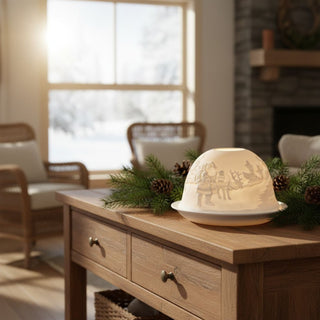 Kerzenhalter „Dome Light“ aus weißem Porzellan für ein Teelicht, auf einem Holztisch dekoriert. Die halbrunde Kuppel zeigt ein filigranes Weihnachtsmotiv mit Weihnachtsmann, Schlitten und Rentieren. Durch das warme Kerzenlicht werden die feinen Ausschnitte sanft beleuchtet. Im Hintergrund ist ein gemütlicher Wohnraum mit Fenster und Winterlandschaft zu sehen; auf dem Tisch liegen Tannenzweige und Zapfen als Dekoration.