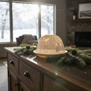 Kerzenhalter „Dome Light“ aus weißem Porzellan für ein Teelicht, dekoriert auf einem Holzmöbel. Die halbrunde Kuppel zeigt ein filigranes Motiv eines Gasthofs mit Fachwerkhaus, Bäumen und kleinen Figuren in winterlicher Landschaft. Das warme Kerzenlicht lässt die feinen Details sanft leuchten. Im Hintergrund ist ein Fenster mit verschneiter Natur zu sehen; auf dem Möbel liegen Tannenzweige und Zapfen als festliche Dekoration.