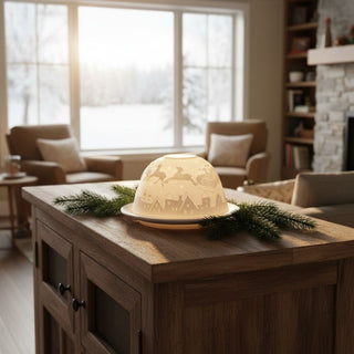 Kerzenhalter „Dome Light“ aus weißem Porzellan für ein Teelicht, dekoriert auf einem Holztisch im Wohnbereich. Die halbrunde Kuppel zeigt ein filigranes Motiv mit Weihnachtsmann im Schlitten, gezogen von Rentieren, über einer winterlichen Stadtsilhouette. Das warme Kerzenlicht lässt die feinen Konturen sanft erstrahlen. Im Hintergrund sind ein großes Fenster mit verschneiter Landschaft, Sessel und ein Kamin zu sehen.