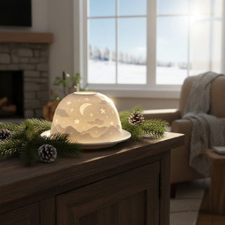 Kerzenhalter „Dome Light“ aus weißem Porzellan für ein Teelicht, dekoriert auf einer Holzkommode. Die halbrunde Kuppel zeigt ein filigranes Motiv mit Sternenhimmel, Mond, Sternen und Wolken, das durch das warme Kerzenlicht sanft leuchtet. Im Hintergrund ist ein Fenster mit verschneiter Landschaft zu sehen; daneben befinden sich ein Sessel und winterliche Dekoration mit Tannenzweigen und Zapfen.