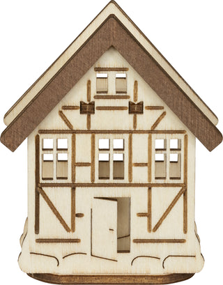 Kleines Holzdeko-Haus zum Aufstecken auf Weihnachtsbaumbeleuchtung oder Lichterbögen: Das Haus besitzt ein dreieckiges Dach, mehrere Fenster und eine offene Tür an der Vorderseite. Die detaillierte Holzarbeit erinnert an ein traditionelles Fachwerkhaus. Eignet sich auch als Baumbehang oder Dekohaus in Weihnachtsdekorationen.