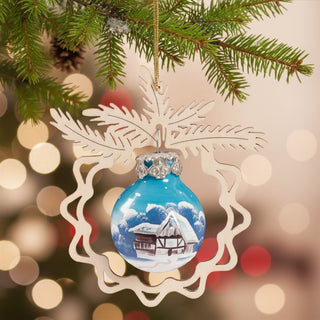 Christbaumschmuck „Winterlandschaft“ (9 cm), farbig bemalte Glaskugel mit verschneitem Fachwerkhaus vor winterlichem Himmel, eingefasst in ein filigranes Holzornament in Tannenform, am Weihnachtsbaum hängend vor warm leuchtendem Lichterhintergrund.