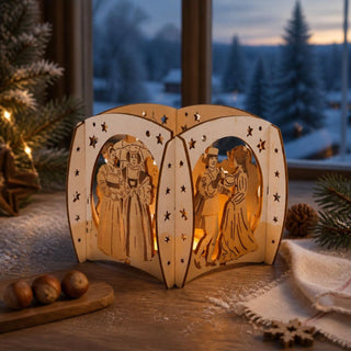 Kerzenhalter „Drei Haselnüsse für Aschenbrödel®“ aus hellem Holz mit Raureifeffekt und einfarbiger Gestaltung. Die filigrane, mehrseitige Szene zeigt Motive aus der berühmten Ballszene mit Aschenbrödel, dem Prinzen und Hofdamen. Sternenausschnitte im Rahmen und ein Teelicht im Inneren sorgen für eine stimmungsvolle, warme Beleuchtung. Größe 12 cm.