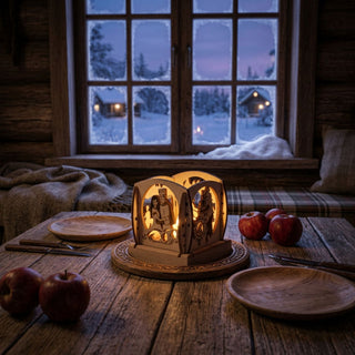 Mini-Kerzenhalter „DEFA-Schneewittchen“ für ein Teelicht (ca. 7 cm) aus naturbelassenem Holz mit filigranen Märchenmotiven. Der beleuchtete Kerzenhalter steht auf einem Holztisch in einer gemütlichen Stube; im Hintergrund ein Fenster mit verschneiter Winterlandschaft, dazu Holzgeschirr und rote Äpfel als passende Dekoration.