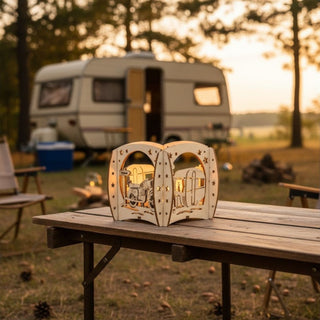 Kerzenhalter aus naturfarbenem Holz für ein Teelicht mit Motiv „(N)ostalgie – Camping“, auf einem Holztisch im Freien platziert. Der filigrane Halter zeigt Szenen mit Wohnwagen, Motorrad und Campingdetails, die vom warmen Kerzenlicht im Inneren beleuchtet werden. Im Hintergrund steht ein Wohnwagen zwischen Bäumen, daneben Campingstühle und ein Lagerfeuerplatz; die Szene ist in warmes Abendlicht getaucht.
