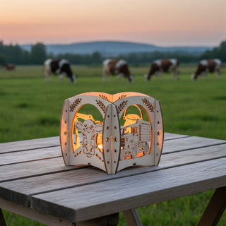 Kerzenhalter aus naturfarbenem Holz für ein Teelicht mit Agrar‑Motiv, auf einem Holztisch im Freien platziert. Der filigrane Halter zeigt Ausschnitte mit einem Kuhkopf, landwirtschaftlichen Maschinen und Getreidemotiven, die vom warmen Kerzenlicht im Inneren beleuchtet werden. Im Hintergrund grasen mehrere Kühe auf einer Wiese vor einer sanften Hügellandschaft im Abendlicht.