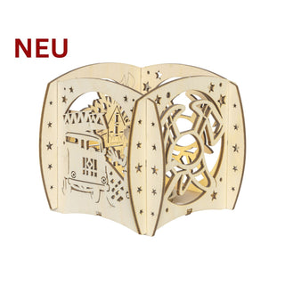 Holz‑Kerzenhalter „Feuerwehr“ mit ausgeschnittener Feuerwehrszene, Sternmotiven und Platz für ein Teelicht; 12 cm groß.