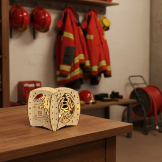 Kerzenhalter aus naturfarbenem Holz für ein Teelicht mit Motiv „Feuerwehr“, auf einem Holztisch in einem Feuerwehrraum platziert. Der quadratische Halter zeigt filigrane Ausschnitte mit Feuerwehrsymbolen wie Löschfahrzeug, Helm und Schläuchen, die vom warmen Kerzenlicht im Inneren beleuchtet werden. Im Hintergrund hängen rote Feuerwehrjacken und Helme an einer Wand; daneben sind Ausrüstungsgegenstände wie ein Schlauchwagen zu sehen.