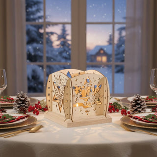 Kerzenhalter aus naturfarbenem Holz für ein Teelicht mit Weihnachtsmann‑Motiv, auf einem festlich gedeckten Tisch platziert. Filigrane Ausschnitte zeigen den Weihnachtsmann im Schlitten mit Rentieren und Sternen, die vom warmen Kerzenlicht beleuchtet werden; im Hintergrund ein Fenster mit verschneiter Winterlandschaft.