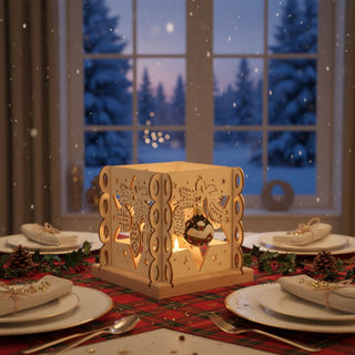 Kerzenhalter aus naturfarbenem Holz für ein Teelicht mit zwei handbemalten schwarzen Glaskugeln, die im Inneren hängen. Der filigrane Halter zeigt weihnachtliche Motive wie Sterne und Ornamente, die vom warmen Kerzenlicht beleuchtet werden. Der Kerzenhalter steht auf einem festlich gedeckten Tisch mit kariertem Läufer, Tellern und Tannenzweigen; im Hintergrund ein Fenster mit verschneiter Winterlandschaft.
