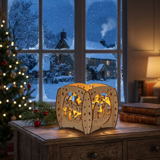 Kleiner Kerzenhalter aus naturfarbenem Holz für ein Teelicht mit Motiv „Christi Geburt“, auf einer Holzkommode vor einem Fenster platziert. Die filigranen Ausschnitte zeigen Maria, Josef und das Kind in der Krippe, umgeben von Sternen und einer stilisierten Landschaft, die vom warmen Kerzenlicht stimmungsvoll beleuchtet werden. Im Hintergrund sind ein geschmückter Weihnachtsbaum, Bücher sowie eine verschneite Winterlandschaft mit Häusern zu sehen.