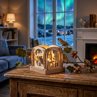 Mini-Kerzenhalter „Drei Haselnüsse für Aschenbrödel®“ für ein Teelicht (ca. 7 cm) aus naturbelassenem Holz, würfelförmig mit filigranen Märchenmotiven. Das warm leuchtende Teelicht setzt Szenen mit Aschenbrödel und dem Prinzen stimmungsvoll in Szene. Der Kerzenhalter steht auf einem Holztisch in einem gemütlichen Wohnraum; im Hintergrund sind ein Fenster mit verschneiter Winterlandschaft und Nordlichtern sowie ein Kamin zu sehen. Auf dem Tisch liegen Zweige, die eine behagliche Atmosphäre schaffen.