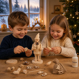 Alt-Text:
 Bastelset Räuchermännchen „Weihnachtsmann“ aus naturbelassenem Holz, 14 cm. Auf einem Holztisch liegen die einzelnen Holzteile, ein Beutel mit Zubehör und eine Flasche Holzleim. In der Mitte steht das teilweise zusammengebaute Räuchermännchen mit Weihnachtsmann-Motiv. Im Hintergrund sorgen Weihnachtsbaum, Schwibbogen und winterliche Fensterdekoration für eine festliche Atmosphäre. Ideal zum kreativen Basteln und individuellen Gestalten in der Weihnachtszeit.