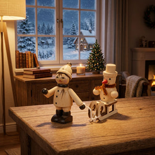 Miniatur „Winterkind mit Schneemann auf Schlitten“ (ca. 6 cm) aus naturbelassenem Holz, mit einer Figur neben einem Schneemann auf einem kleinen Holzschlitten. Die Szene steht auf einem Holztisch in einer gemütlichen Stube; im Hintergrund ein Fenster mit verschneiter Winterlandschaft, dazu Bücher, Kerze und ein kleiner Weihnachtsbaum, die eine warme, winterliche Atmosphäre erzeugen.
Geben Sie Ihr Feedback zu BizChat ab.