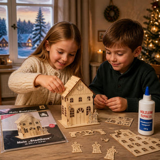 Bastelset „Stadthaus“ aus naturbelassenem Holz mit 12 cm Höhe. Auf einem Holztisch bauen zwei Kinder ein detailreiches Holzhaus zusammen. Das teilweise montierte Stadthaus steht in der Mitte, umgeben von einzelnen Holzteilen, Verzierungen und einer Flasche Holzleim. Links liegt die Verpackung des Bastelsets mit der Abbildung des fertigen Stadthauses. Im Hintergrund schaffen ein geschmückter Weihnachtsbaum, Kerzenlicht und eine winterliche Landschaft vor dem Fenster eine gemütliche, festliche Atmosphäre.