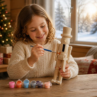 Kind bemalt einen naturbelassenen Holz-Nussknacker mit einem Pinsel. Vor dem 18 cm hohen Nussknacker stehen mehrere Farbtöpfchen auf einem Holztisch. Im Hintergrund sorgen Weihnachtsbaum, Lichter und ein winterliches Fenster für eine festliche Atmosphäre. Bastelset Nussknacker inklusive Farben und Pinsel.