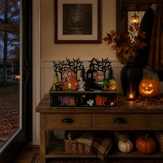 LED Halloween Geisterstadt mit beleuchteten Spukhäusern, Skelett, Hexe, Kürbissen und LED-Beleuchtung, farbige Halloween-Dekoration aus Holz, 30 cm.