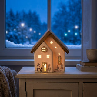 LED Keramikhaus mit Holzelementen, ca. 11 cm groß, mit beleuchteten Fenstern und ausgestanzten Sternmotiven, verziert mit winterlicher Zeichnung (Reh und Tannen), warmweiß beleuchtet, batteriebetrieben mit integrierter Timerfunktion, dekorativ auf einem Möbelstück vor winterlicher Fensterkulisse platziert.