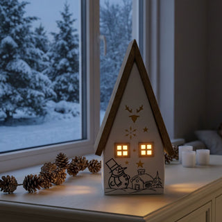 LED Keramikhaus mit Holzelementen, ca. 21 cm groß, mit beleuchteten Fenstern und ausgestanzten Stern- und Hirschmotiven, verziert mit winterlicher Szene mit Schneemann und Haus, warmweiß beleuchtet, batteriebetrieben mit integrierter Timerfunktion, dekorativ auf einer Kommode vor verschneiter Fensterkulisse platziert.