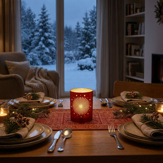 LED Dekoglas mit Sterndekor in Satin-Rot und Gold, ca. 10 cm groß, mit filigran ausgeschnittenem Sternmuster, warmweiß leuchtend, als stimmungsvolle Tischdekoration in weihnachtlichem Ambiente platziert.