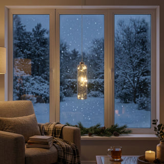 LED Glaszylinder zum Hängen in Grau, ca. 14 cm groß, mit integrierter warmweiß leuchtender Lichterkette, dekorativ vor einem Fenster mit verschneiter Winterlandschaft aufgehängt, in gemütlicher Wohnatmosphäre mit Sessel, Decke und Kerzen inszeniert.