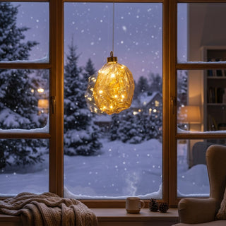 LED Glasnugget zum Hängen in Amber-Gold, ca. 10 cm groß, mit strukturierter Glasoberfläche und integrierter warmweiß leuchtender Lichterkette, dekorativ vor einem Fenster mit verschneiter Winterlandschaft aufgehängt, stimmungsvoll in einer gemütlichen Wohnumgebung mit Decke, Tasse und Tannenzapfen inszeniert.