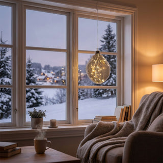 LED Glasform „organisch“ zum Hängen in Grau, ca. 14 cm groß, mit unregelmäßig geformter Glasoberfläche und integrierter warmweiß leuchtender Lichterkette, dekorativ vor einem großen Fenster mit verschneiter Winterlandschaft aufgehängt, stimmungsvoll in einer gemütlichen Wohnumgebung mit Sessel, Decke, Büchern und sanfter Beleuchtung inszeniert.