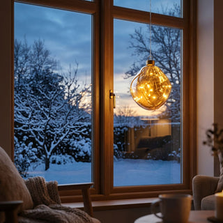 LED-Glasform zum Hängen (14 cm) in organischer Form, Amber-Gold mit warm leuchtender Lichterkette, dekorativ vor einem Fenster mit winterlicher Schneelandschaft platziert.