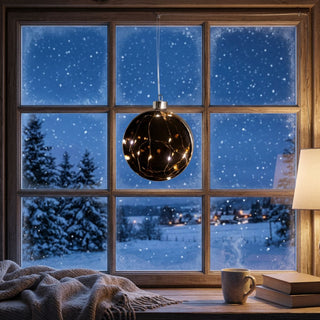 LED Glastaler zum Hängen in Grau, ca. 13 cm groß, in flacher, runder Form mit integrierter warmweiß leuchtender Lichterkette, die durch das leicht getönte Glas schimmert, dekorativ vor einem Fenster mit verschneiter Winterlandschaft aufgehängt, in Szene gesetzt in einer gemütlichen Wohnumgebung mit Holzfensterrahmen, Decke, Tasse und Büchern auf der Fensterbank.