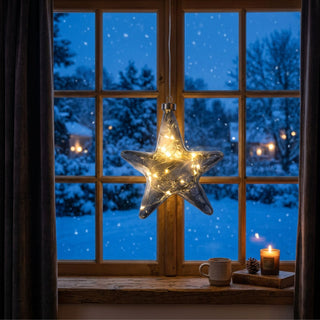 LED Glasstern zum Hängen in Grau, ca. 16 cm groß, in klassischer Sternform aus leicht getöntem Glas mit integrierter warmweiß leuchtender Lichterkette, dekorativ vor einem Fenster mit verschneiter Winterlandschaft aufgehängt, stimmungsvoll inszeniert in einer gemütlichen Wohnumgebung mit Vorhängen, Kerze, Tasse und winterlicher Dekoration auf der Fensterbank.