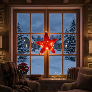 LED Glasstern zum Hängen in Rot, ca. 16 cm groß, in klassischer Sternform aus transparent rotem Glas mit integrierter warmweiß leuchtender Lichterkette, dekorativ vor einem Fenster mit verschneiter Winterlandschaft und Häusern aufgehängt, stimmungsvoll inszeniert in einer gemütlichen Wohnumgebung mit Sesseln, Decke, Büchern, Weihnachtssternpflanze und sanfter Beleuchtung.