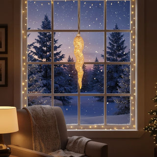 LED-Glasstalaktit zum Hängen (27 cm) in Amber-Gold, warmweiß leuchtend, als elegante Fensterdekoration in gemütlicher Winteratmosphäre mit Lichterkette und verschneiter Landschaft im Hintergrund.
