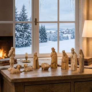 Krippenfiguren „Christi Geburt“, 9-teilig (ca. 10 cm), handgeschnitzt aus naturbelassenem Holz mit detailreichen Figuren der Heiligen Familie, den Heiligen Drei Königen, einem Hirten sowie Tieren und der Krippe. Die Figuren sind auf einem Holztisch vor einem Fenster mit verschneiter Winterlandschaft angeordnet; im Hintergrund sorgen eine Kerze, Bücher und ein Kamin für eine warme, festliche Atmosphäre.

