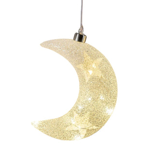 LED-Glasmond zum Aufhängen mit frostigem Dekor, warmweiß leuchtenden LEDs im Inneren, halbmondförmig, ca. 18 cm groß, mit Aufhängeschnur und metallischer Fassung.