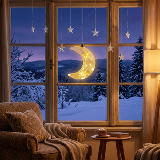 LED-Glasmond zum Hängen mit Frost-Dekor (18 cm), warmweiß beleuchtet, als stimmungsvolle Fensterdekoration vor winterlicher Landschaft, kombiniert mit hängenden Sternlichtern in einem gemütlichen Wohnraum.