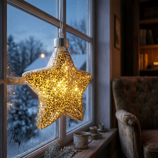LED-Stern zum Hängen (15 cm) mit Gold-Dekor, warmweiß leuchtend, mit Batteriefach und Timerfunktion, als stimmungsvolle Fensterdekoration in gemütlicher Winterwohnatmosphäre.