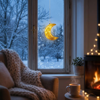 LED-Glasmond zum Hängen (18 cm) mit glitzerndem Gold-Dekor, warmweiß beleuchtet, als stimmungsvolle Fensterdekoration in einer gemütlichen Wohnszene mit verschneiter Winterlandschaft und Kaminfeuer im Hintergrund.