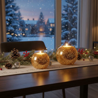 LED-Teelichthalter 2er-Set in Gold (Ø 8 cm und Ø 10 cm), rundes Glas mit glitzerndem Dekor und warmweiß leuchtenden LED-Teelichtern, dekorativ arrangiert auf einem Tisch mit winterlicher Fensterkulisse und festlicher Naturdekoration.