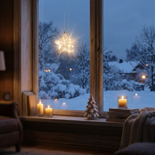 LED-Glasstern zum Hängen (15 cm) mit Kristall-/Weiß-Dekor, warmweiß leuchtend als stimmungsvolle Fensterdekoration in einer winterlichen Wohnszene mit Kerzenlicht und verschneiter Landschaft im Hintergrund.